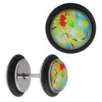 Load image into Gallery viewer, Fake Piercing Plug Edelstahl Abstrakte Muster gelb blau rot Gummiring 7 mm - chic - net.de
