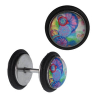 Load image into Gallery viewer, Fake Piercing Plug Edelstahl bunte Muster Kreise schwarz Gummiring 7 mm - chic - net.de
