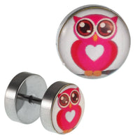 Load image into Gallery viewer, Fake Piercing Plug Edelstahl Eule große Augen pink rosa Herz 10 mm - chic - net.de
