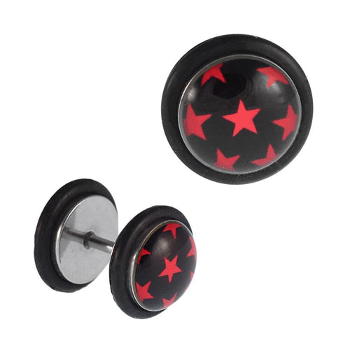 Fake Piercing Plug Edelstahl kleine rote Sterne schwarz Gummiring 7 mm - chic - net.de