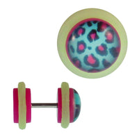 Load image into Gallery viewer, Fake Piercing Plug pink Leoparden Fell pink türkis Gummiring hellgrün 7 mm - chic - net.de
