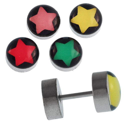 Fake Piercing Plug Schraubverschluss Edelstahl silbern Stern bunt schwarz - chic - net.de