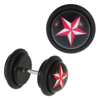 Load image into Gallery viewer, Fake Piercing Plug schwarz Stern rot und weiß Gummiring 7 mm - chic - net.de
