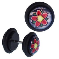 Load image into Gallery viewer, Fake Piercing Plug Tunnel Blume rote Blätter gelber Kern Acryl Gummiring 7 mm - chic - net.de
