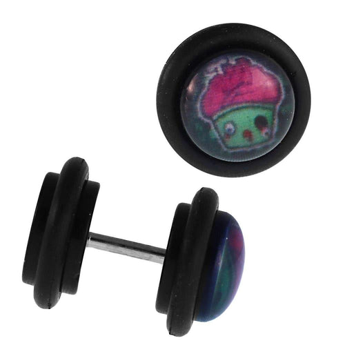 Fake Piercing Plug Tunnel Cupcake grün Topping pink mit Augen Acryl Gummiring 7 mm - chic - net.de