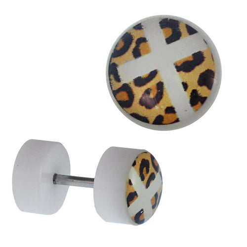 Fake Piercing Plug Tunnel weiß Leoparden Fell Kreuz Acryl Gummiring 7 mm - chic - net.de