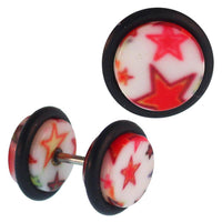 Load image into Gallery viewer, Fake Piercing Plug weiß bunte Sterne mit Rand Gummiring 7 mm - chic - net.de
