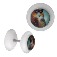 Load image into Gallery viewer, Fake Piercing Plug weiß Eule braun türkis Hintergrund Gummiring 7 mm - chic - net.de
