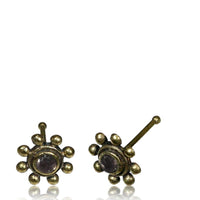 Load image into Gallery viewer, Gerader Amethyst Nasenstecker Tragus antik golden Punkte Blume Messing 8 mm lang - chic - net.de
