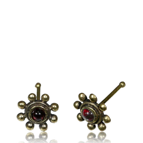 Gerader Granat Nasenstecker Tragus antik golden Punkte Blume Messing 8 mm lang - chic - net.de