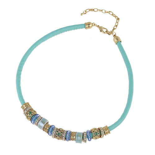 Glitzer Brass Leder Kette golden türkis blau Perlenringe 41,5 - 49,5cm Karabiner Keramik - chic - net.de
