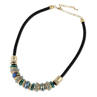 Load image into Gallery viewer, Glitzer Messing Kette golden schwarz türkis Perlenringe Leder 41,5 - 49,5cm Karabiner - chic - net.de
