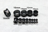 Load image into Gallery viewer, A set of black Metalltunnel Tunnel Chirurgenstahl Unisex Edelstahl Plug schwarz Rand Expander Piercing, sized 1.2mm–18mm, arranged in two rows on a light surface, each plug labeled with its size above.
