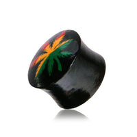 Load image into Gallery viewer, Holz Plug Hanf Blatt grün gelb rot Tunnel Unisex Ohrschmuck Teakholz
