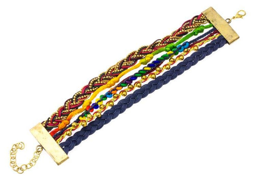 Ibiza Messing Armband mehrlagig golden blau Perlen nickelfrei antik Tribal 17,8 cm Karabiner - chic - net.de