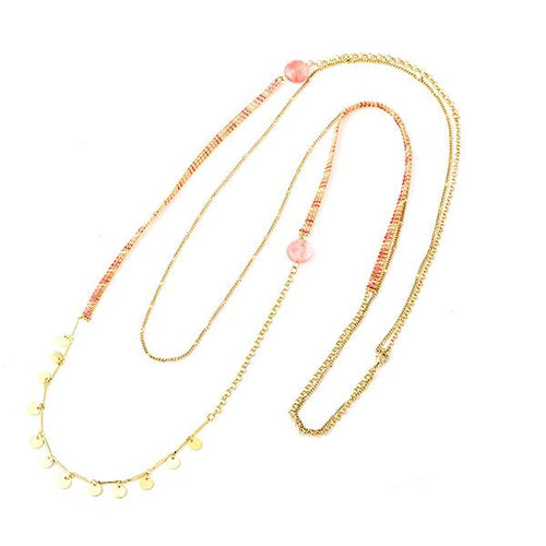 Kette 18 karat vergoldet Faden Plättchen Stein rosa pink nickelfrei Karabiner lang zweilagig - chic - net.de