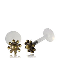Cargar imagen en el visor de la galería, Labret Lippen Piercing Acryl Punkte Blume antik golden Brass Motiv - chic - net.de
