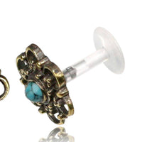 Load image into Gallery viewer, Labret Lippen Piercing Acryl Türkis Punkte Blume gold Brass - chic - net.de
