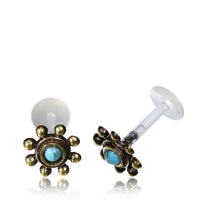 Load image into Gallery viewer, Labret Lippen Piercing Bio Acryl Türkis Kreise Blume antik golden Brass Tragus - chic - net.de
