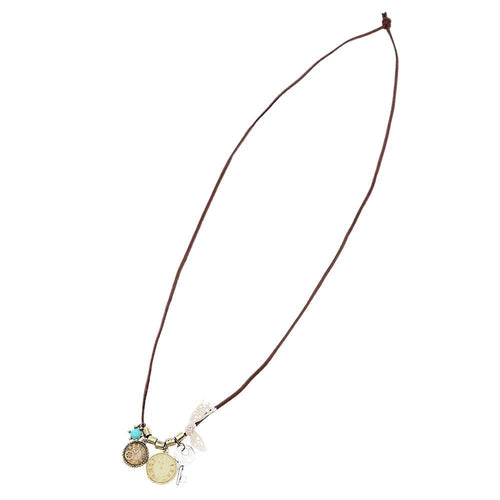 Lederband Kette braun goldfarben oxidiert Emaille schlüssel Uhrwerk Stoff Spitze - chic - net.de