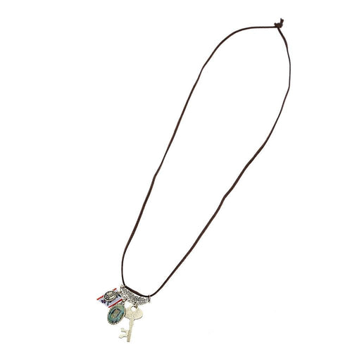 Lederband Kette braun goldfarben oxidiert Feder Schlüssel Amulett Katze - chic - net.de