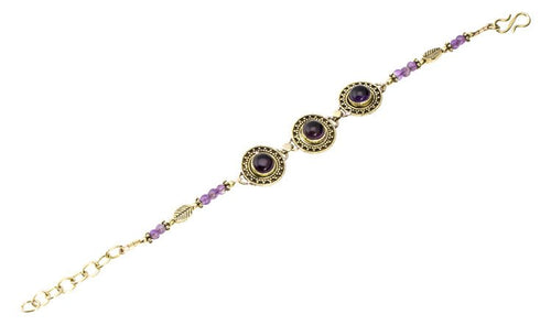 Messing Armband golden rund Dreiecke Blatt Amethyst 17,5 - 21 cm Perlen - chic - net.de
