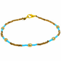 Cargar imagen en el visor de la galería, Messing Armband Zylinder gewölbt hellblau golden nickelfrei Perlen antik Tribal 23,5 cm Karabiner - chic - net.de
