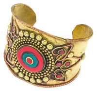 Load image into Gallery viewer, Messing Armreif gold Herz Kreis rot Jaspis grün Malachit breit nickelfrei verstellbar antik Tribal - chic - net.de
