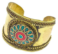 Load image into Gallery viewer, Messing Armreif gold Raute Wellen grün Malachit rot Jaspis Stein breit nickelfrei verstellbar antik - chic - net.de
