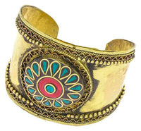 Load image into Gallery viewer, Messing Armreif gold Raute Wellen grün Malachit rot Jaspis Stein breit nickelfrei verstellbar antik - chic - net.de
