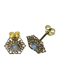 Load image into Gallery viewer, Messing Ohrstecker gold Mondstein Blume Punkte Kreis Schnörkel - chic - net.de
