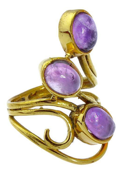 Messing Ringe breit Amethyst lila Spirale verschnörkelt golden nickelfrei antik Stein Tribal Steinringe - chic - net.de