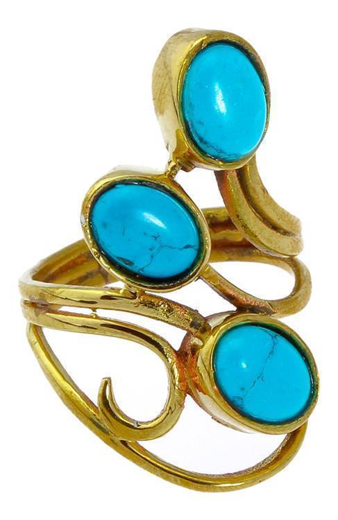 Messing Ringe breit Türkis Stein Spirale verschnörkelt gold nickelfrei antik Stein Tribal Steinringe - chic - net.de