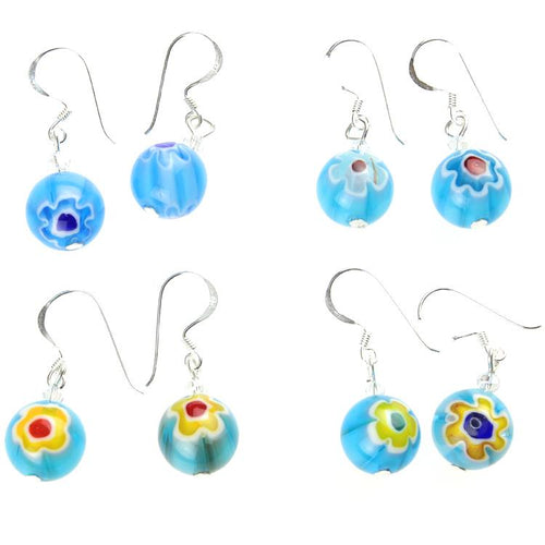 Muranoglas Kugel 12 mm Ohrringe hellblau Blume Glas individuell Silber 925er Sterling - chic - net.de
