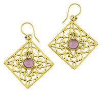 Cargar imagen en el visor de la galería, Ohrringe Amethyst Karo Ornamente glänzend Messing antik golden Tribal 40 mm - chic - net.de
