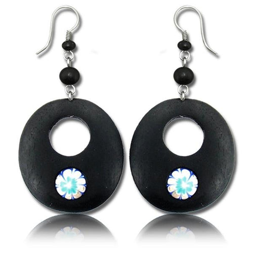 Ohrringe Narra Holz Murmel Blume blau gold oval Loch Edelstahl schwarz Perlen Ohrhänger Tribal - chic - net.de