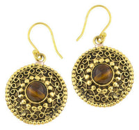 Cargar imagen en el visor de la galería, Ohrringe Tigerauge Kreise rund Spiralbögen Messing antik golden Tribal 22 mm - chic - net.de
