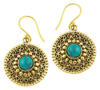 Cargar imagen en el visor de la galería, Ohrringe Türkis Kreise rund Spiralbögen Messing antik golden Tribal 22 mm - chic - net.de
