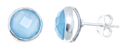 Ohrstecker Aqua Calcit rund 8 mm Rand 925er Sterlingsilber gebürstet facettiert blau - chic - net.de