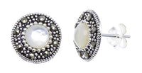 Load image into Gallery viewer, Ohrstecker, Perlmutt weiß, rund, silber Rand 8 mm Ø, silber Steine eingefasst, 925er Sterlingsilber - chic - net.de
