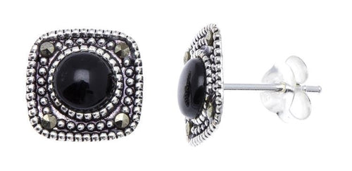 Ohrstecker schwarz eckig runder Stein silber Rand 8 mm silber Steine eingefasst 925er Sterlingsilber - chic - net.de