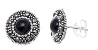 Load image into Gallery viewer, Ohrstecker, schwarz, rund, silber Rand 8 mm Ø, silber Steine eingefasst, 925er Sterlingsilber - chic - net.de
