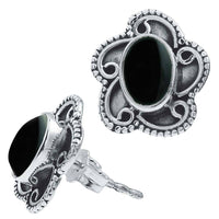 Cargar imagen en el visor de la galería, Ohrstecker schwarz Stein Onyx oval, silber Rand Blume verschnörkelt Ohrringe 925er Sterlingsilber - chic - net.de
