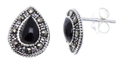 Ohrstecker schwarz Tropfen Stein silber Rand 8 mm silber Steine eingefasst 925er Sterlingsilber - chic - net.de