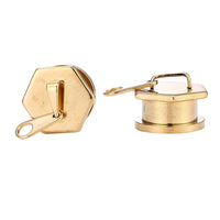 Load image into Gallery viewer, Two gold-colored, hexagonal Tunnel Plug Schraubplug Edelstahl gold Reißverschluss drain plugs with handles are displayed from various angles on a white background.
