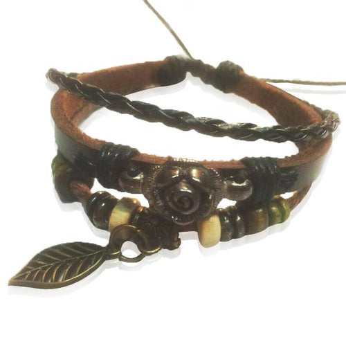 Surfer Lederarmband Rose Blatt geflochten Band Holz Brass verstellbar Leder Schnur nickelfrei - chic - net.de