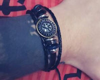 Load image into Gallery viewer, Viking Kompass Leder Armband schwarz silber verstellbar
