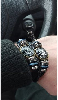 Load image into Gallery viewer, Viking Kompass Leder Armband schwarz silber verstellbar
