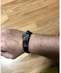 Load image into Gallery viewer, Viking Kompass Leder Armband schwarz silber verstellbar
