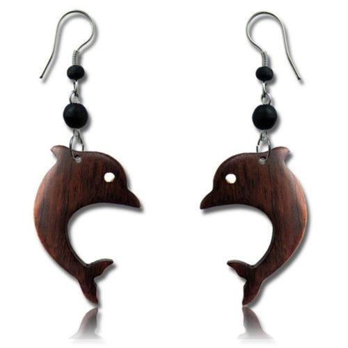 Tribal Ohrringe Delfin Delphine Narra Holz Edelstahl braun Perlen schwarz Ohrhänger nickelfrei - chic - net.de
